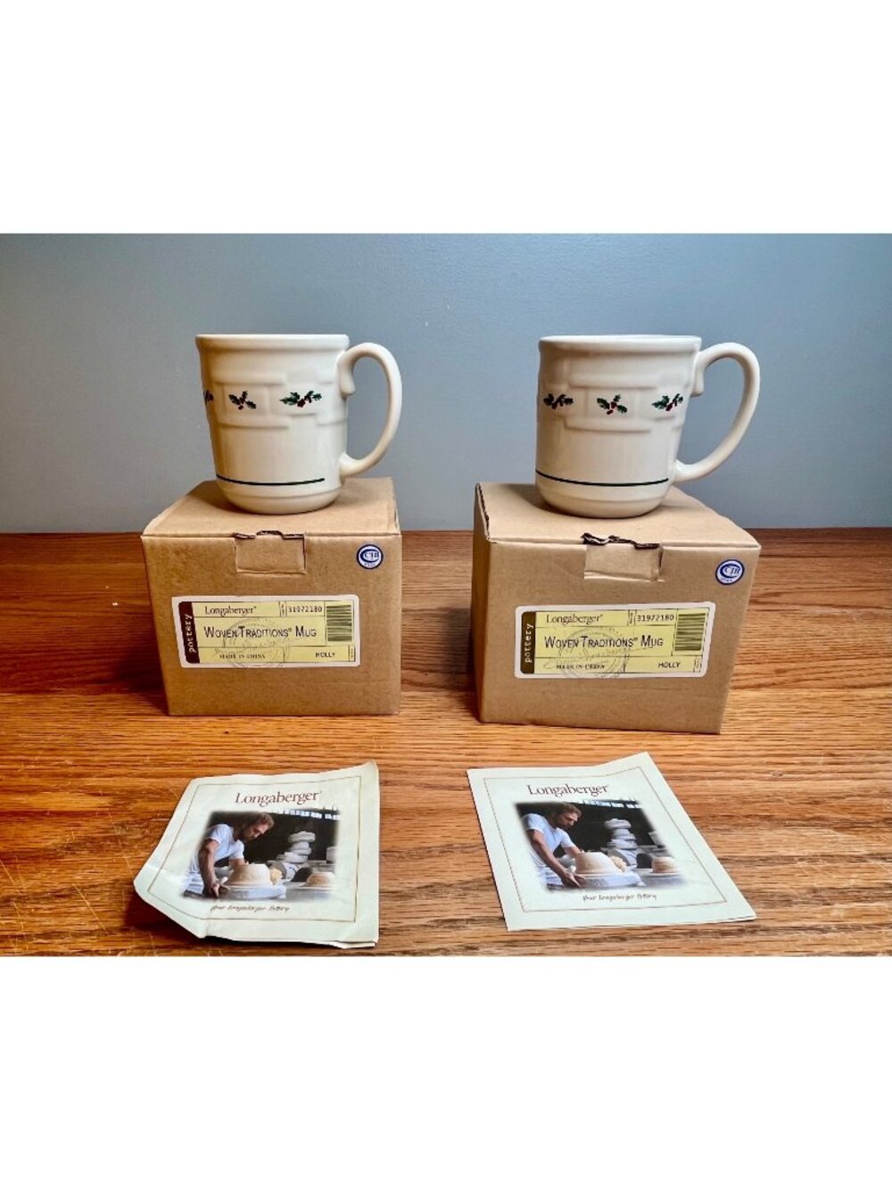 New In Box Set of 2 Longaberger Woven Traditions Holly Berry Mug